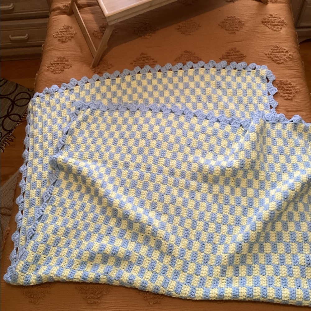 Hand Made Yellow and Blue Checkered Crochet Blanket Crib Size 33x55